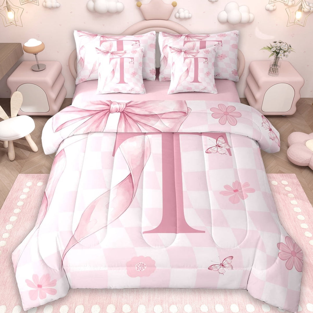 Erosebridal Girls Bowknot Letter T 7-Piece Twin Bedding Sets,Pink Cherry Blossom Bedding Comforter Set For Kids,Reversible pink