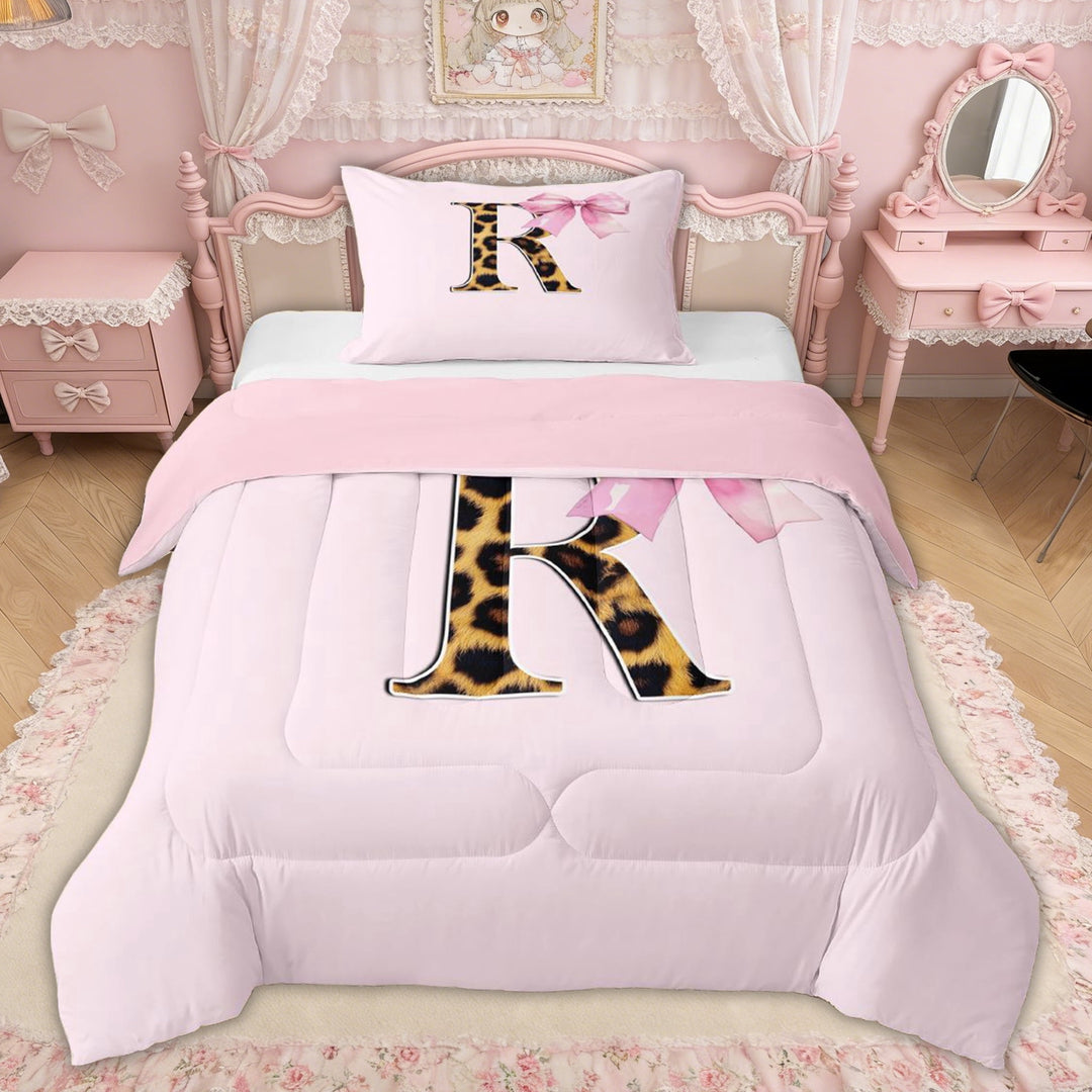 Erosebridal Kawaii Bowknot Letter R Twin Comforter Sets, Dreamy Princess Style Bedding Set for Girls Kids, Pink Reversible, 2-Piece