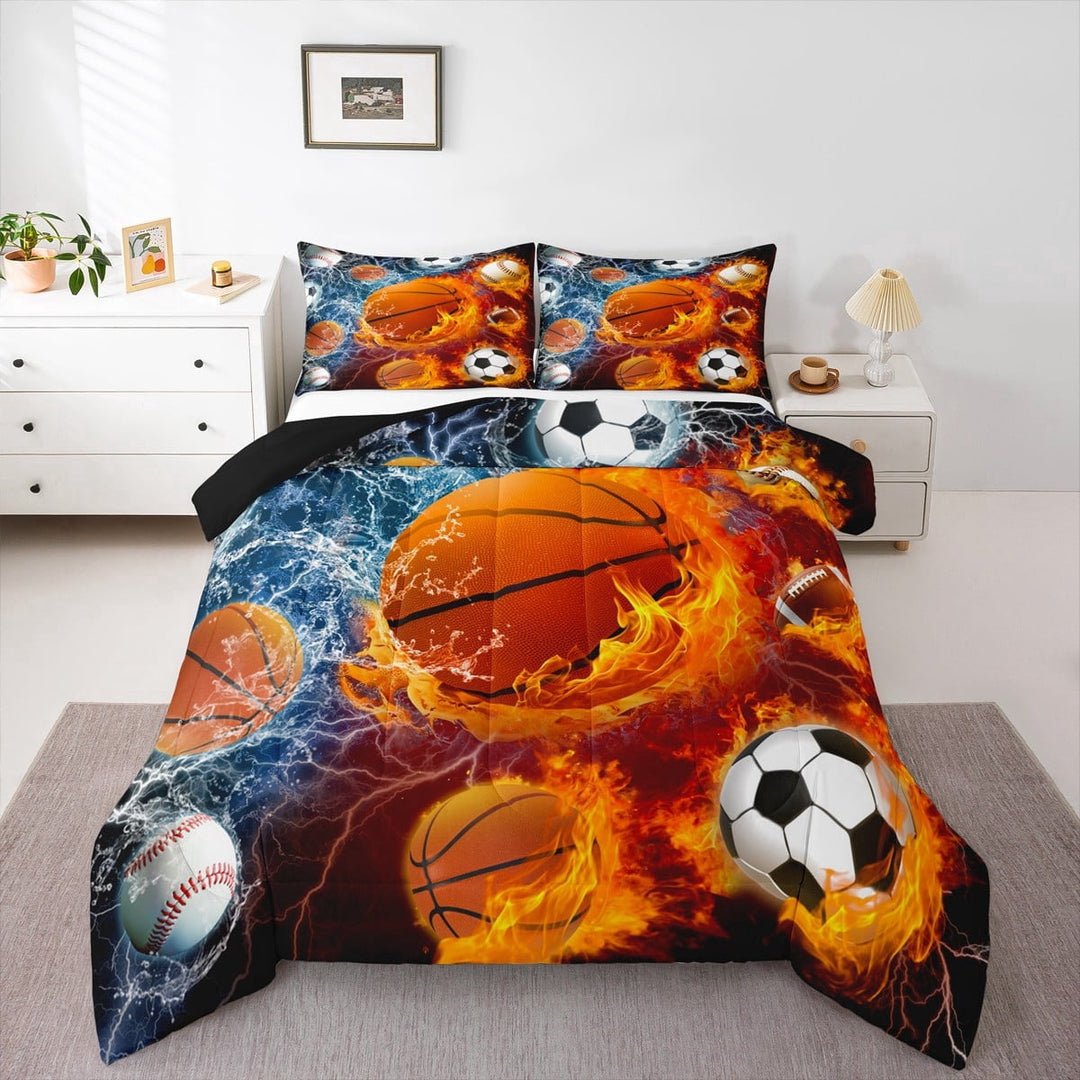 Erosebridal Sports Bedding Set Full,Baseball Basketball Comforter Set Soccer Football Bedding Comforter Sets Teens Men,Red Blue Ice Fire Lightning Decor Quilt Duvet Set 3 Pcs