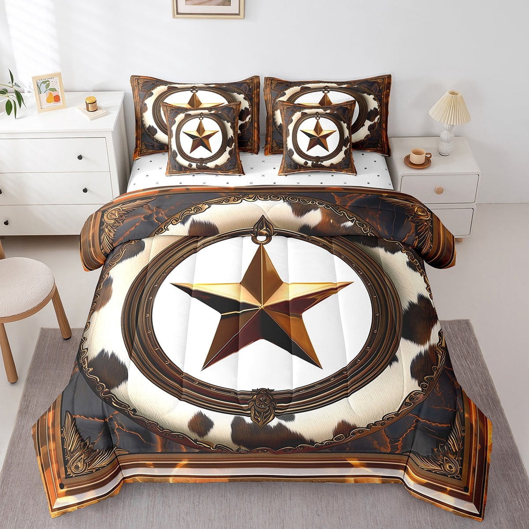 Golden Western Texas Star Bed in a Bag King 7 Pieces,Bull Cattle Cow Print Cowhide Comforter Set Reversible Grunge Brown Farm Animals Design,Soft Breathable Bedding Sets with Comforter,Sheets
