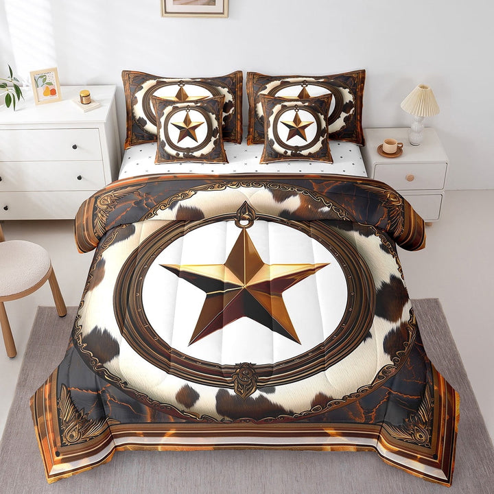 Golden Western Texas Star Bed in a Bag King 7 Pieces,Bull Cattle Cow Print Cowhide Comforter Set Reversible Grunge Brown Farm Animals Design,Soft Breathable Bedding Sets with Comforter,Sheets