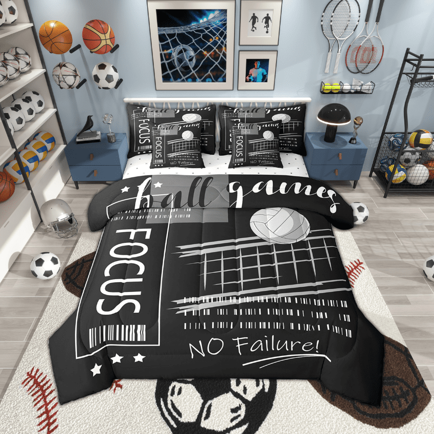 7 Piece Volleyball Comforter Set Full Black and White Sports Bedding Sets Volleyball Room Decor for Teen ,Ball Games Bed in a Bag with Fitted Sheet,Flat Sheet,Pillowcases &amp; Shams