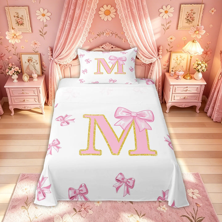 Meiyoeat Cute Sequin Print Princess Bow Full Size Sheets for Women Girls, Initial M Letter Bed Sheets, Pink, 4 Pieces