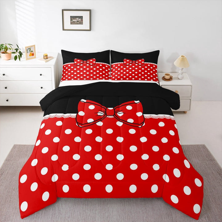 Erosebridal Kawaii Bow Comforter Sets Twin Size for Teens, Polka Dot Comforters &amp; Duvets, Cartoon Bow Decor, Reversible 2pcs