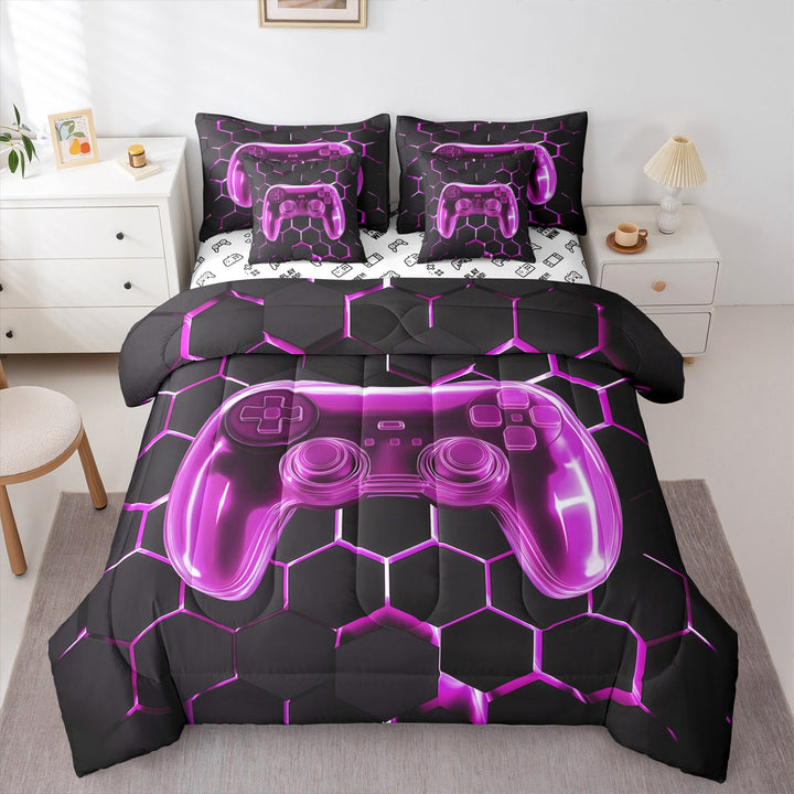 Erosebridal Teens Gaming Bed in a Bag Twin size, Purple Gamepad Bed Set, Chic Honeycomb Decor, Reversible 7pcs