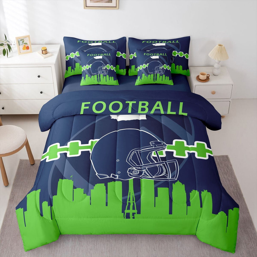 7 Pcs Comforter Set Full Size, Football Bed in a Bag with Flat Sheet and Fitted Sheet and Adults,Sports Bedding Set with Pillowcase and Sham(Seattle)