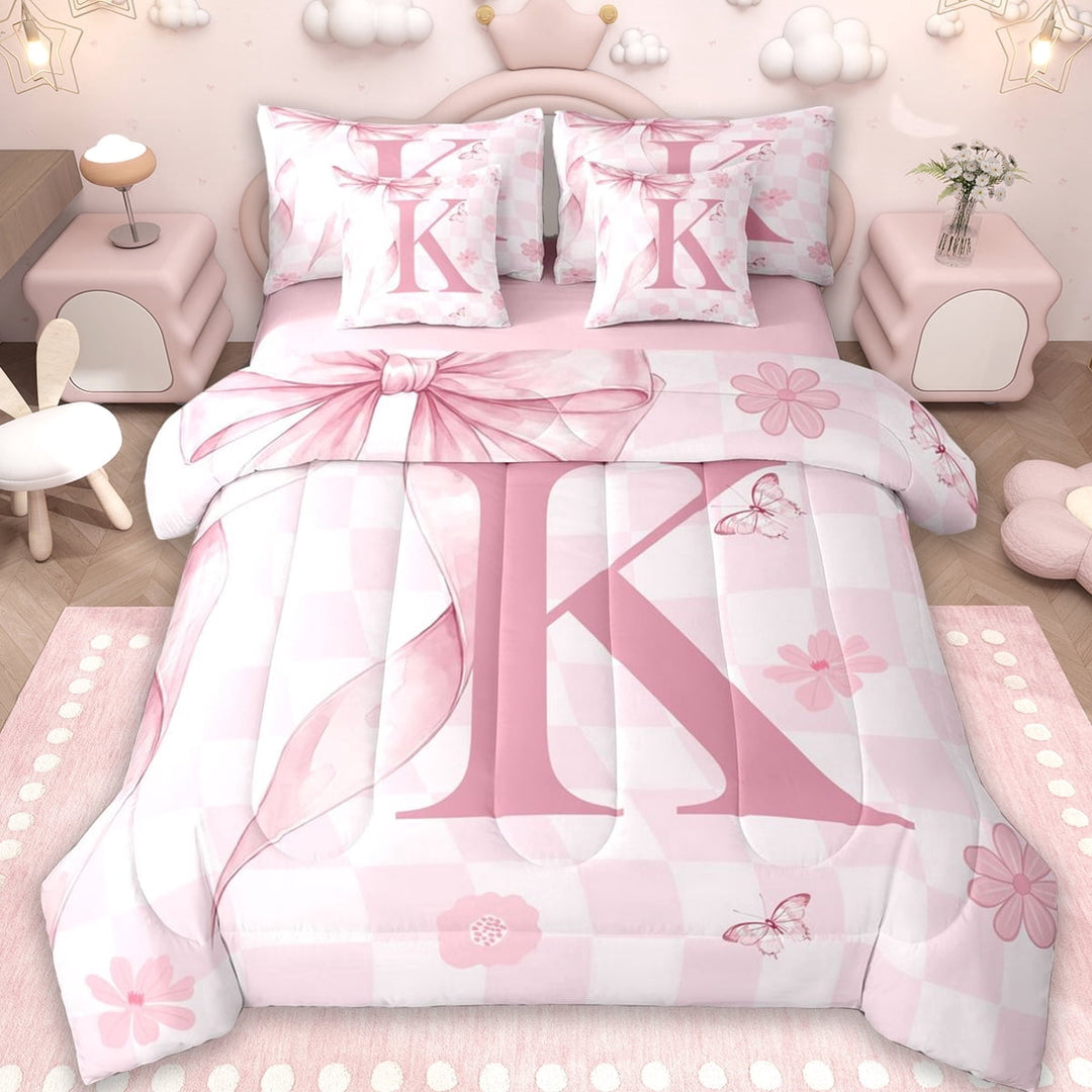 Erosebridal Pink Cute Coquette Bowknot 7-Piece Twin Bedding Sets,First Letter K Bedding Comforter Set For Girly,Reversible pink