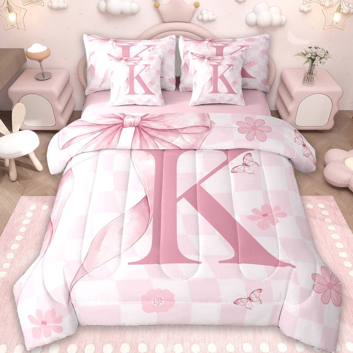 Erosebridal Pink Cute Coquette Bowknot 7-Piece Twin Bedding Sets,First Letter K Bedding Comforter Set For Girly,Reversible pink