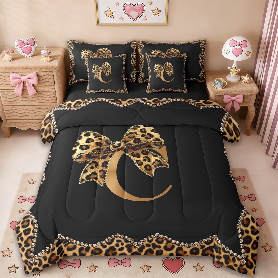 Erosebridal Cheetah Print Bowtie 7-Piece Twin Bedding Sets For Women Girls,Letter C Monogrammed Bedding Comforter Set For Kids,Reversible black