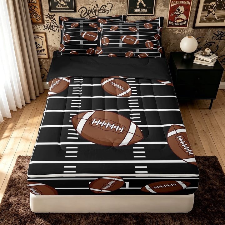 meiyoeat Cartoon Football Zipper Full Size Comforter Sets with Fitted Sheet and 2 Pillowcases for Boys, Field Sport Zipper Bedding Set, Black Brown, Black Reversible, 4-Piece
