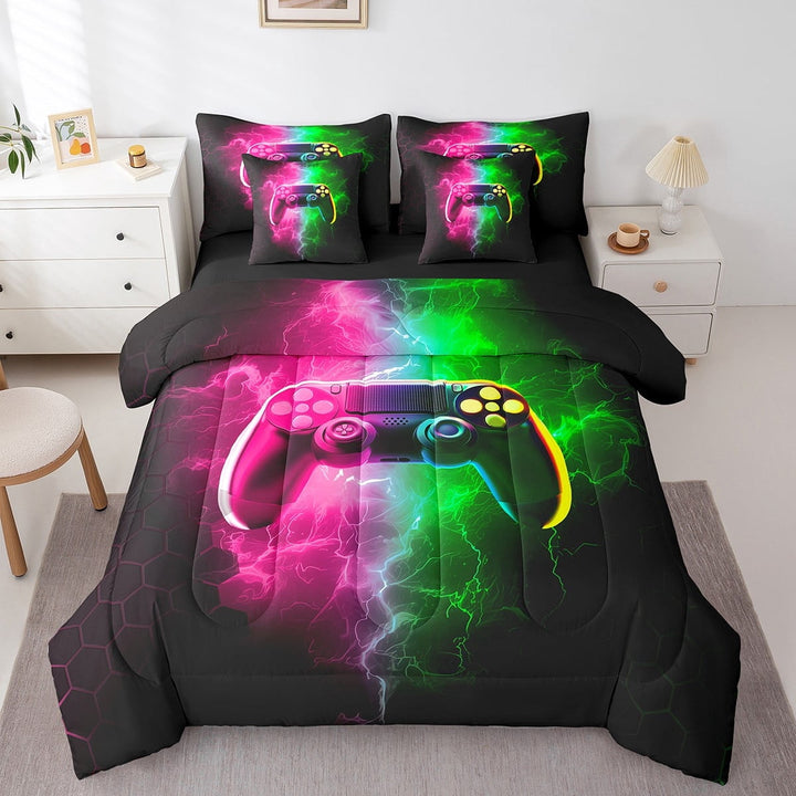 Erosebridal Boys Gamepads Bedding Sets Twin Size,Geometric Honeycomb Comforter Sets with Sheets,Gradient Lightning Bed in a Bag Twin size,Microfiber Abstract Bedroom Decorative,Reversible,7pcs