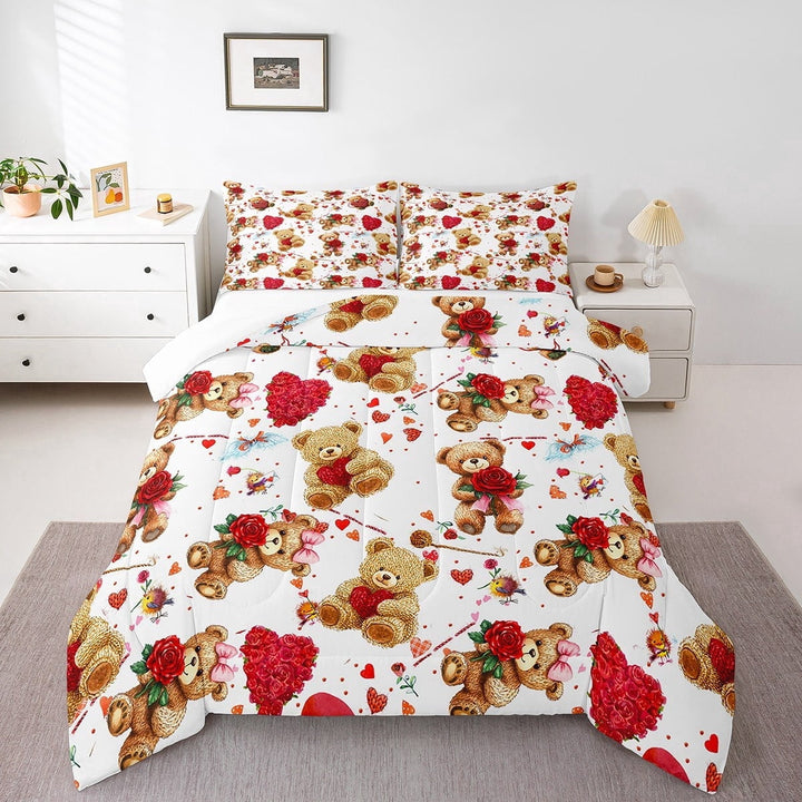 Erosebridal Kawaii Teddy Bear Bedding Twin Comforter Set,Love Heart Down Comforter,Floral Decoration,Lightweight,2-Piece