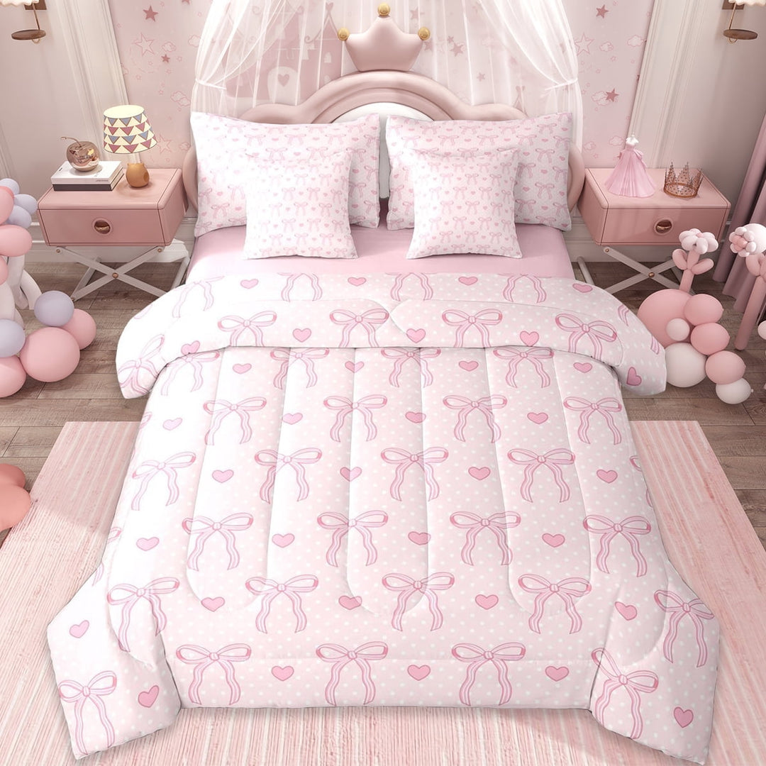 Erosebridal Pink Bows 7-Piece Twin Bedding Sets For Girls,Dreamy Princess Style Bowknot Bedding Comforter Set,Cartoon Stars Pattern,Reversible