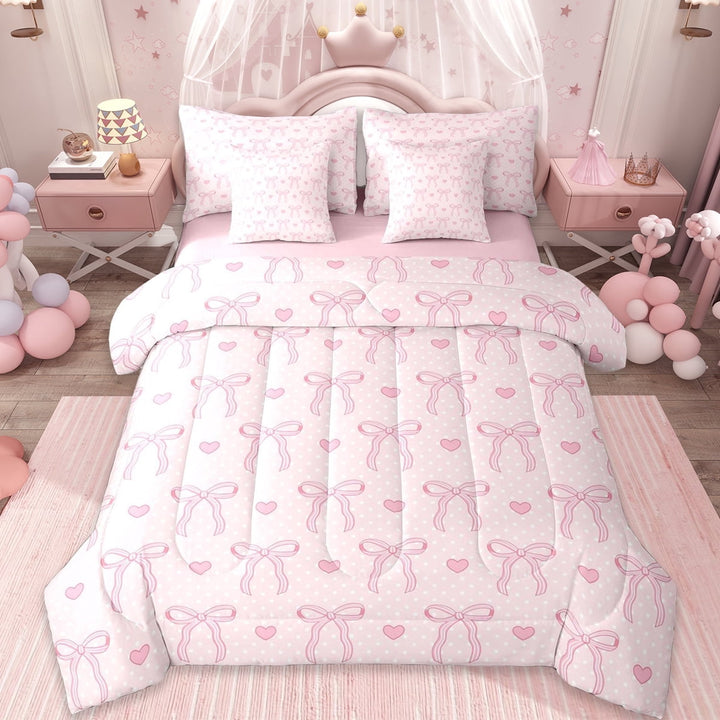 Erosebridal Pink Bows 7-Piece Twin Bedding Sets For Girls,Dreamy Princess Style Bowknot Bedding Comforter Set,Cartoon Stars Pattern,Reversible