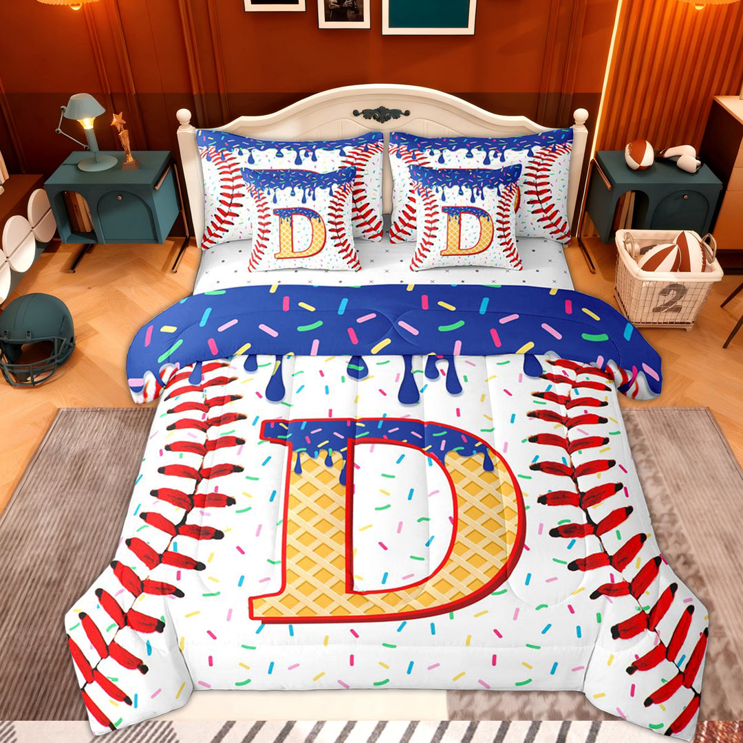 Erosebridal Initial Letter D Twin Bedding Sets 7-Piece for Boy, Cute Ball Print Bedding Comforter Set