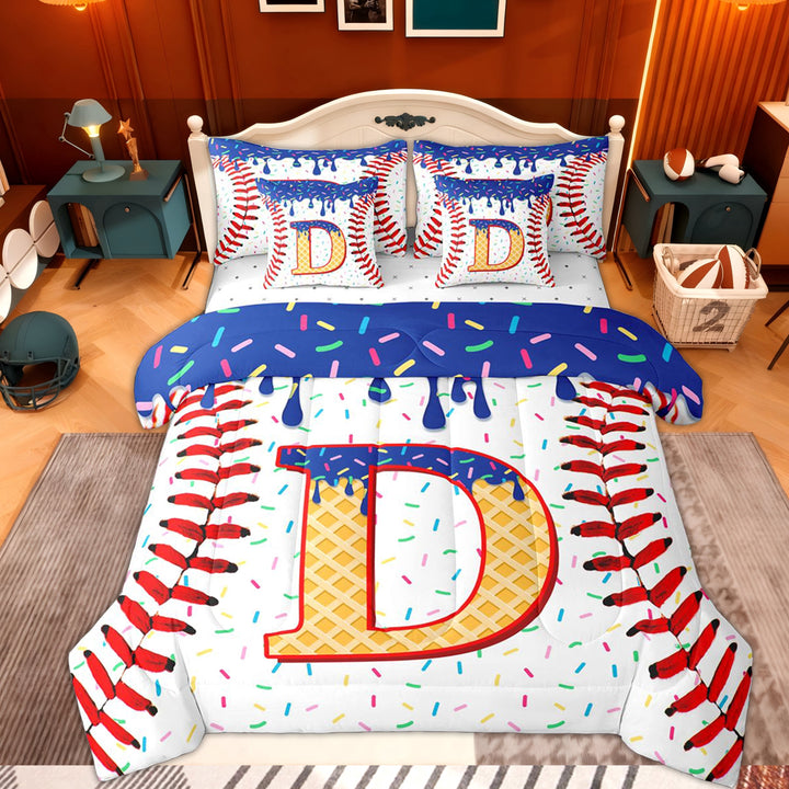 Erosebridal Initial Letter D Twin Bedding Sets 7-Piece for Boy, Cute Ball Print Bedding Comforter Set