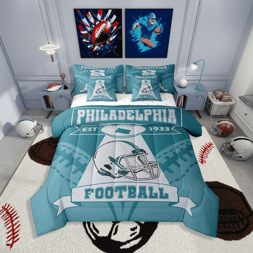 Erosebridal Rugby Bedding Sets Twin Size,Geometry Sport Comforter Sets with Sheets,Football Gaming Decor,Reversible,Breathable,7-Piece