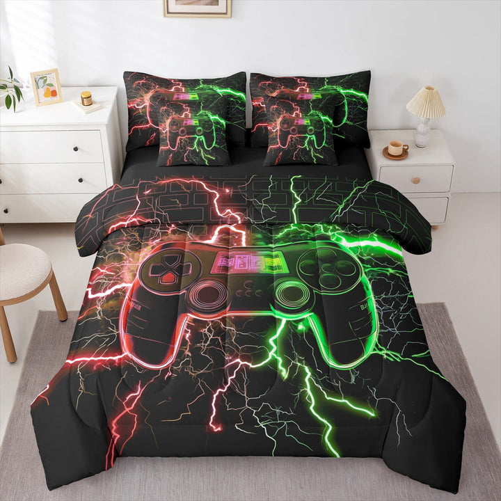 Erosebridal 3D Gamepad Bedding Sets, Cool Lightning Comforter Sets with Sheets, Teens Teenager Reversible Bed Sheets Set, Super Cozy Bedroom Decor, 7-Piece