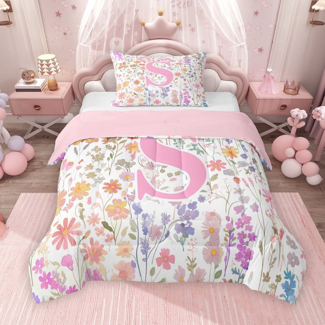 Erosebridal Girls Pink Flower Twin Comforter Sets, Garden Floral Bedding Set, Personalized Initial S, Pink Reversible, 1 Comforter and 1 Pillowcase