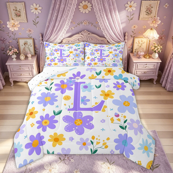 Meiyoeat Cute Floral Letter L Full Size Comforter Sets for Girls Kids, Cartoon Daisy Groovy Bedding Sets, Purple, Reversible, 3pcs