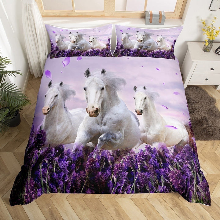 Erosebridal Galloping Horse Bedding Set,Teen Western Cowboy Duvet Cover Queen,Lavender Petal Comforter Cover Set,Farm Animal Quilt Cover for Living Room,Purple Soft (No Comforter)
