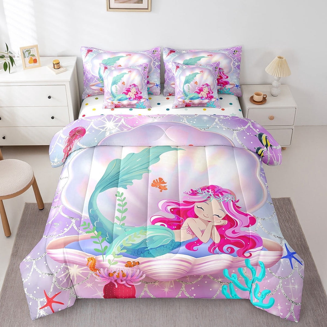 Cartoon Princess Mermaid Comforter Set 7 Piece Bed in a Bag Twin,Ocean Jellyfish Shell Bedding Sets Sliver Fish Scale Sheet Set with Comforter