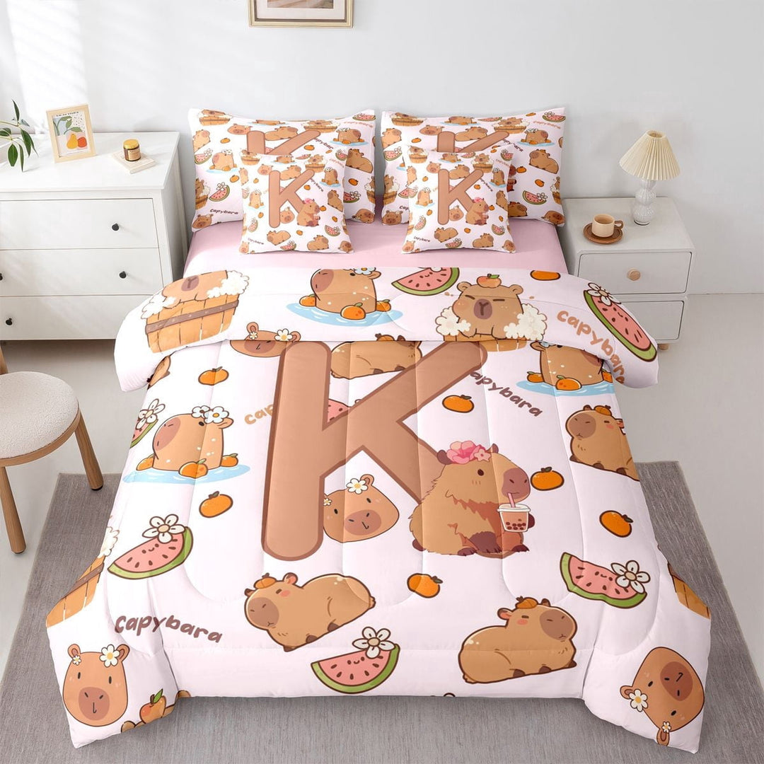 Erosebridal Cartoon Capybara K Letter Monogrammed Twin Bedding Sets 7-Piece For Kids Boys Girls,Cute Animal Funny Food Bedding Comforter Set,Pink Reversible