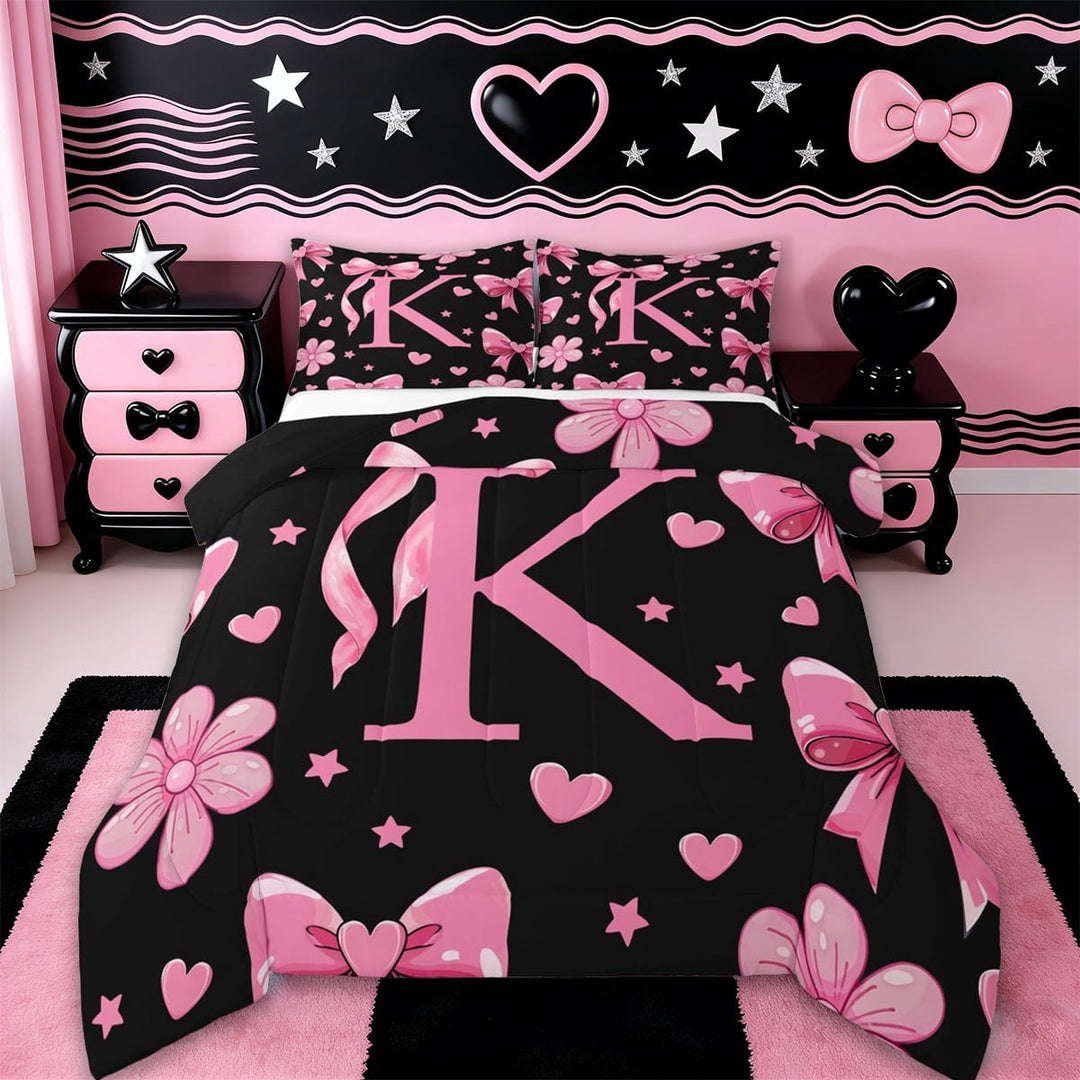 Erosebridal Cartoon Bow Tie Printed Queen Comforter Set,Ribbon Bowknot Pink Monogrammed K Bedding Comforter Set For Girls Kids,Reversible black,3 Pieces