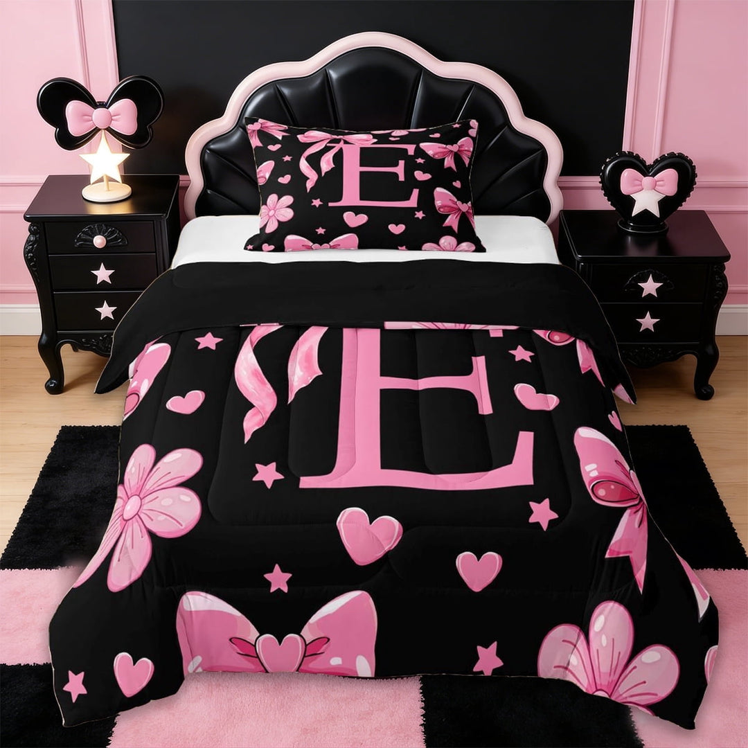 Erosebridal Pink Initial Alphabet E Twin Comforter Sets,Cute Coquette Bows Girls Bedding Set For Kids,Reversible black,2pcs