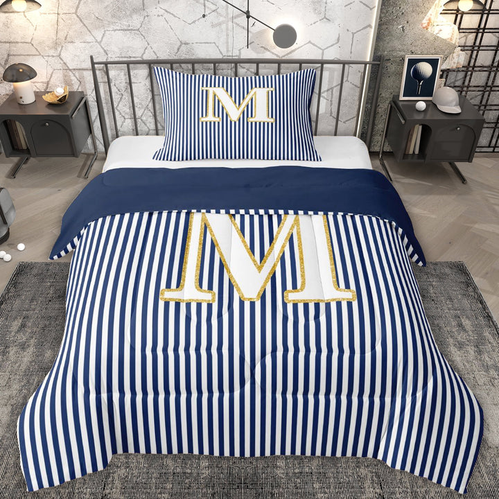 Erosebridal Letter M Kids Twin Comforter Sets, Modern Abstract Bedding Set, Blue Reversible, 2-Piece