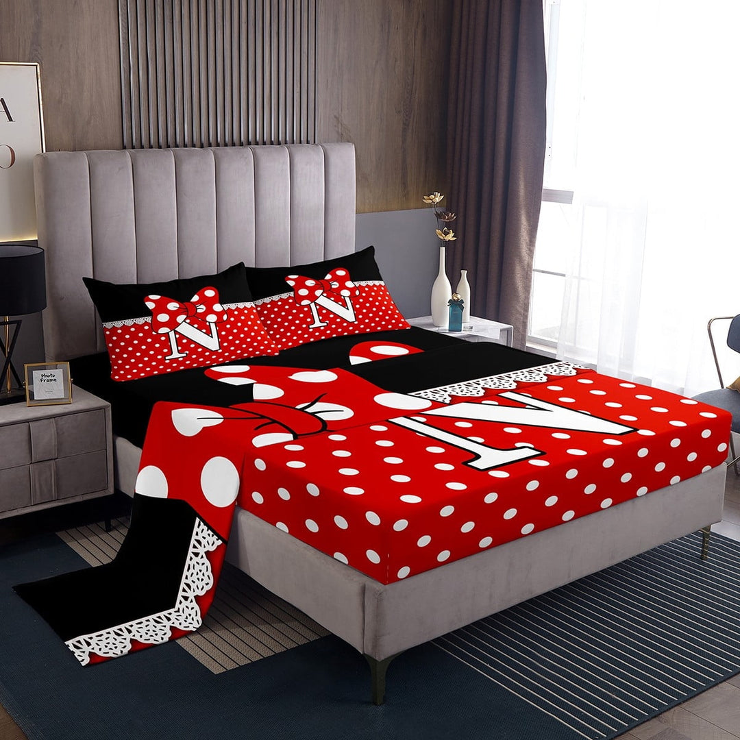 Erosebridal Red Bowknot Sheet Set Twin, Kawaii Polkadots Bedding Sets Twin Size, Initial N Letter Decor 3pcs