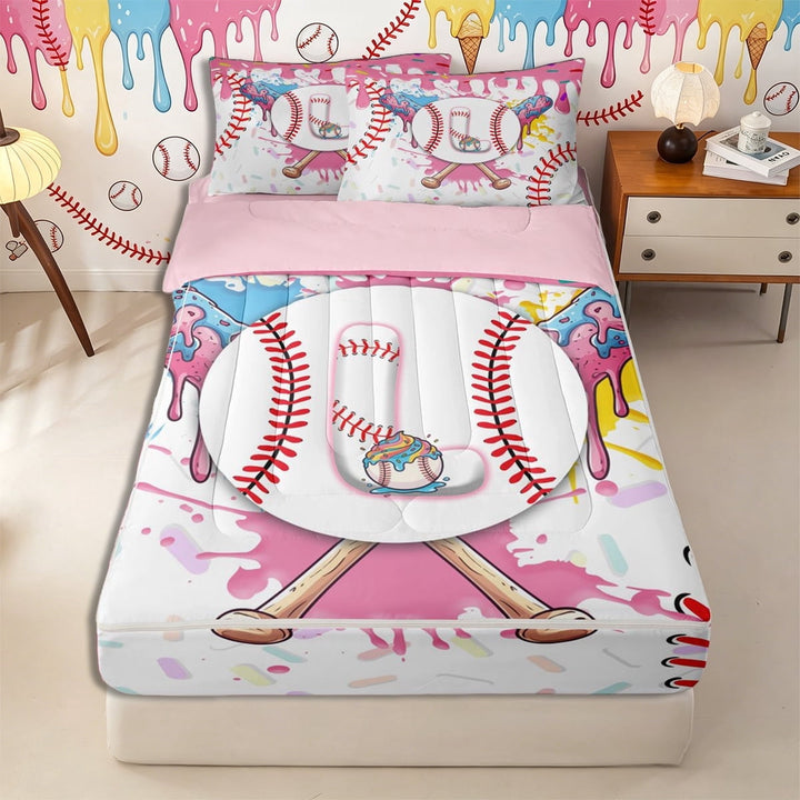 Meiyoeat Ice Cream Baseball Letter L Zipper Twin Comforter Sets with Fitted Sheet and 2 Pillowcases for Girls Kids, Dripping Sprinkles Zipper Bedding Set, Pink White Red,4-Piece,Pink Reversible