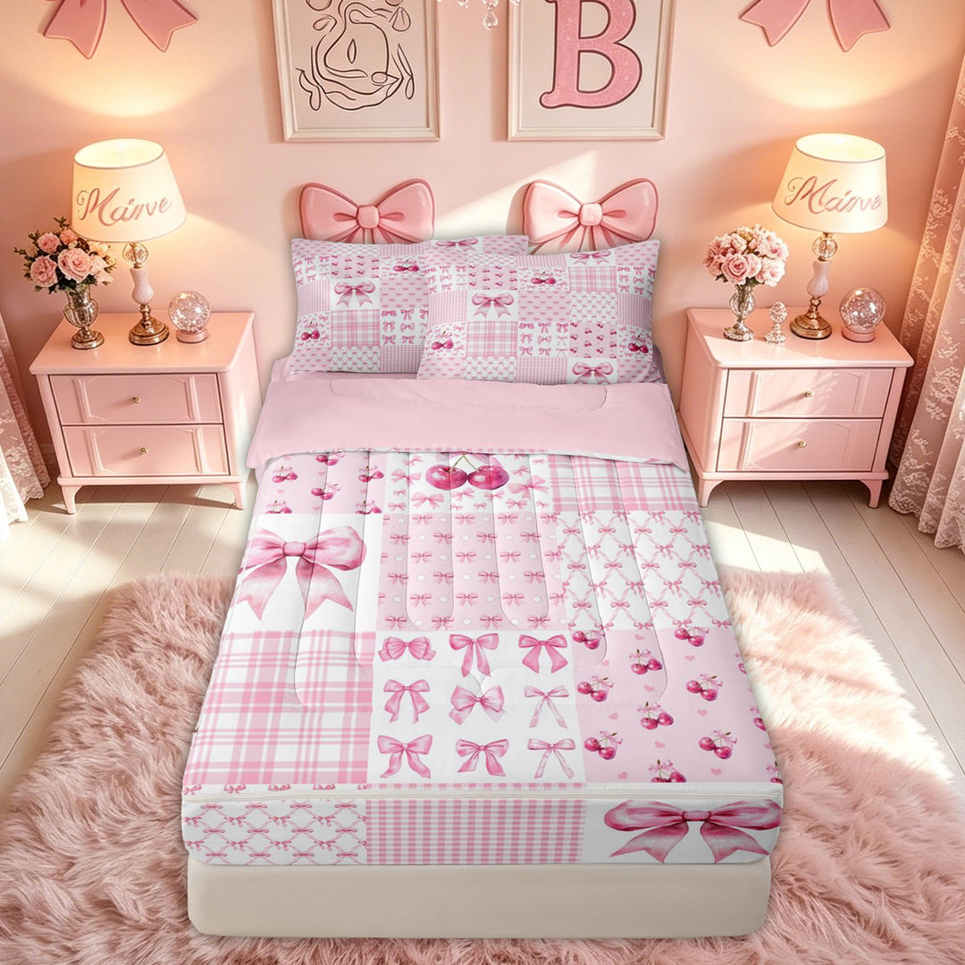 meiyoeat Girly Cherry Bow Plaid Zipper Full Size Comforter Sets with Fitted Sheet and 2 Pillowcases for Girls Kids Women, Pink Princess Style Zipper Bedding Set, Pink Reversible, 4 Pieces