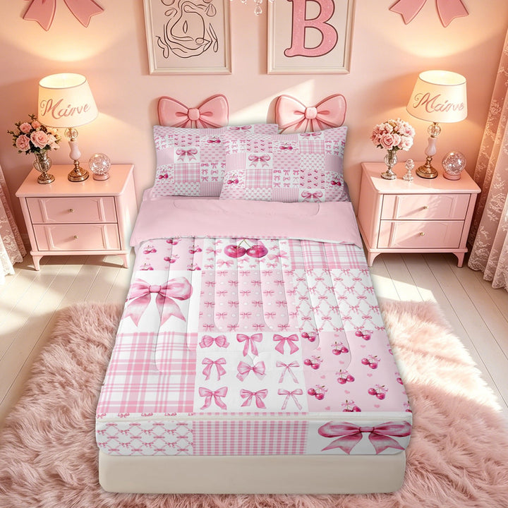 meiyoeat Girly Cherry Bow Plaid Zipper Full Size Comforter Sets with Fitted Sheet and 2 Pillowcases for Girls Kids Women, Pink Princess Style Zipper Bedding Set, Pink Reversible, 4 Pieces