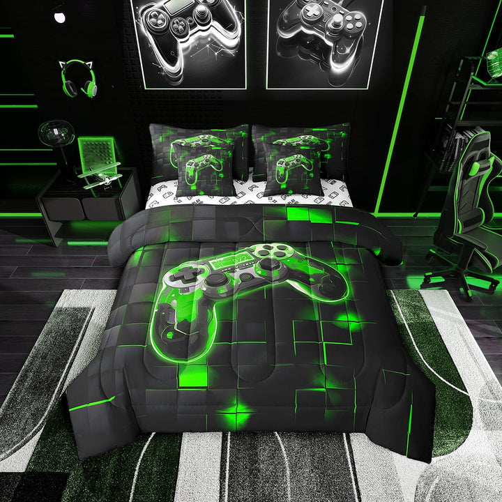 7 Piece Neon Gaming Twin Bedding Set with Sheets,Green and Black Gamer Comforter Sets ,Geometry Checkered Bed in a Bag,Gaming Console Bed Set with Pillowcases &amp; Shams