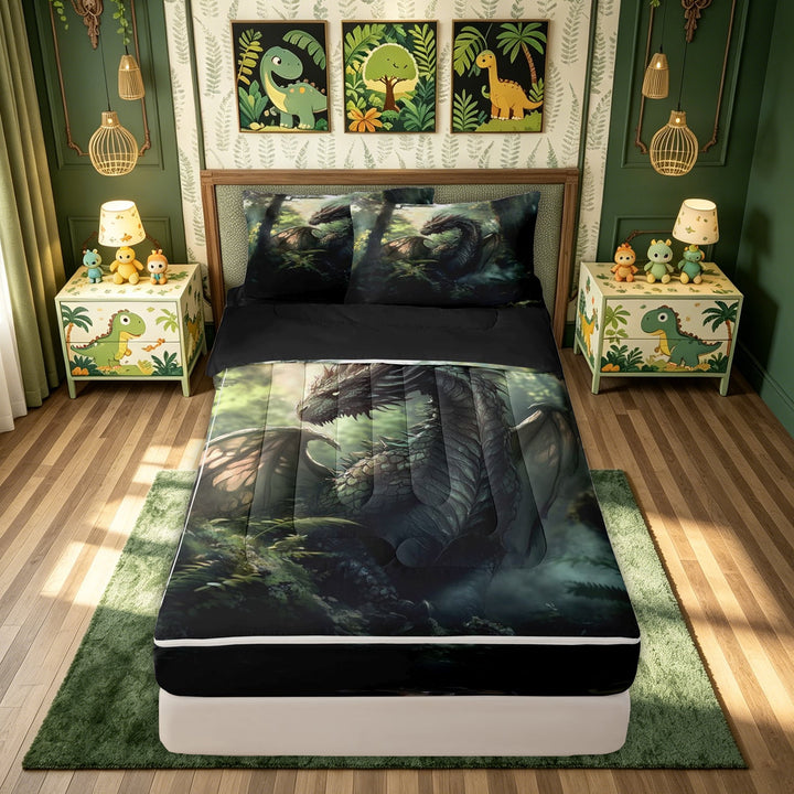 meiyoeat Jungle Forest Dragon Zipper Comforter Set with Fitted Sheet and 2 Pillowcases for Men Boys, Woodland Animal Zipper Bedding Set, Green, Black Reversible, 3pcs