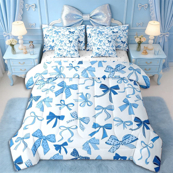Erosebridal Girls Cartoon Bowknot Twin Bedding Sets 7-Piece,Dreamy Princess Bow Bedding Comforter Set for Teens Women,Ultra Soft Home Decor