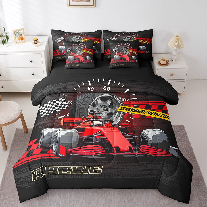 Erosebridal Red Car Bedding Sets Twin Size,Extreme Sport Comforter Sets with Sheets,Geometric Buffalo Bed in a Bag Twin size,Breathable Automobile Room Decor,Reversible,7pcs