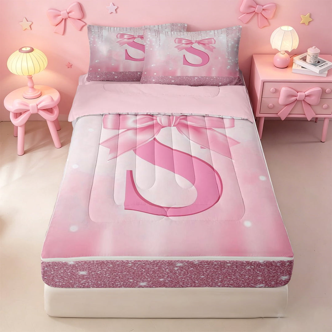 meiyoeat Girly Coquette Bow Zipper Full Size Comforter Sets with Fitted Sheet and 2 Pillowcases For Kids,Pink Sequin Alphabet Print S Zipper Bedding Set For Bowtie Lovers,Pink Reversible,4-Piece