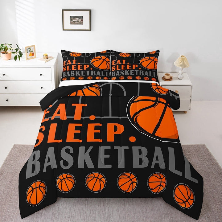 Basketball Full Comforter Set Sports Bedding Sets Teen Sport Game Ball Theme Down Comforter Basketball Decor Bedroom Bed Set Sports Comforter Sets 3 Pcs Black Orange