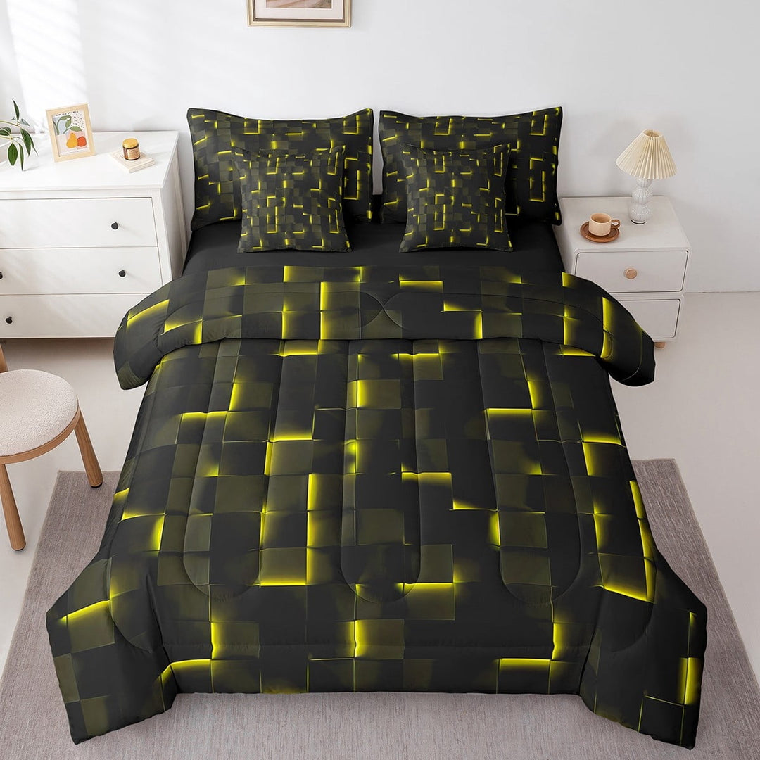 Erosebridal Abstract Grid Bedding Sets Twin Size,Black Golden Comforter Sets with Sheets,Geometric Buffalo Bed in a Bag Twin size,Lightweight Futuristic Cubes Room Decor,Reversible,7pcs