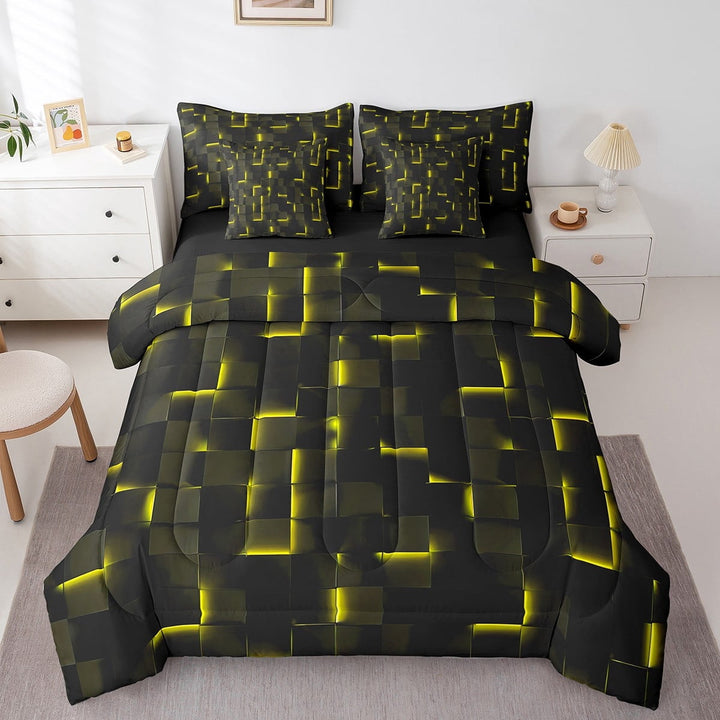 Erosebridal Abstract Grid Bedding Sets Twin Size,Black Golden Comforter Sets with Sheets,Geometric Buffalo Bed in a Bag Twin size,Lightweight Futuristic Cubes Room Decor,Reversible,7pcs