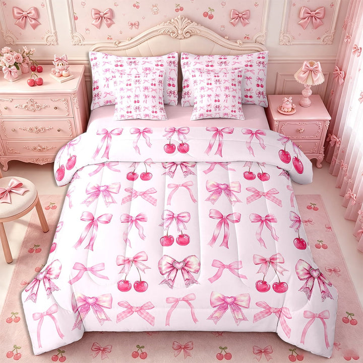 Erosebridal Pink Cherry Light Pink Bow Comforter Set 7 Piece Girls Bed In A Bag Twin,Cute Silk Ribbon Bowknot Princess Bedding Set,Twin Bed Set With Comforter and Sheets Girls Perfume and Lipgloss