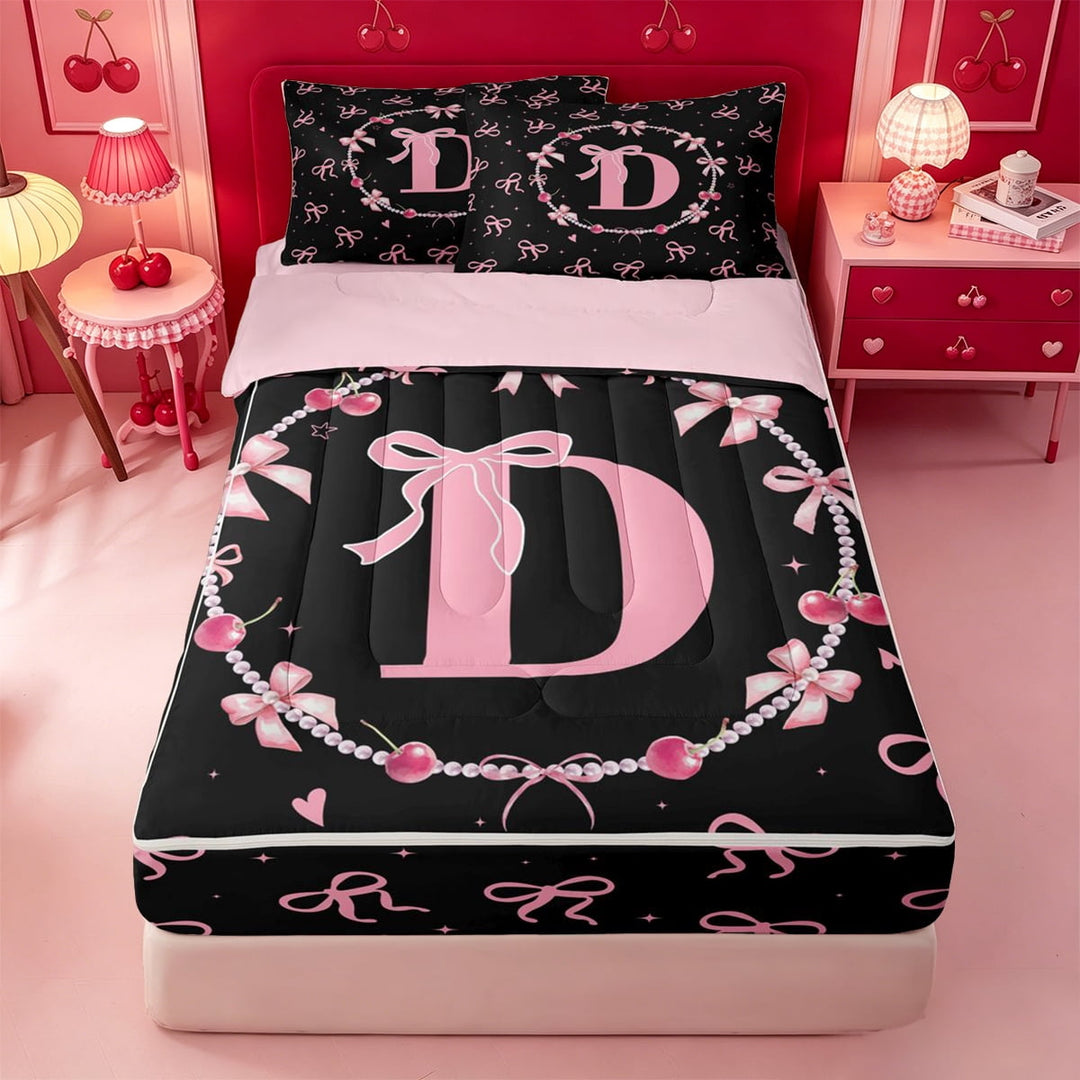 meiyoeat Cute Bow Initial D Zipper Full Size Comforter Sets with Fitted Sheet and 2 Pillowcases,Dreamy Princess Style Zipper Bedding Set For Girl,Pink Reversible,4 Pieces