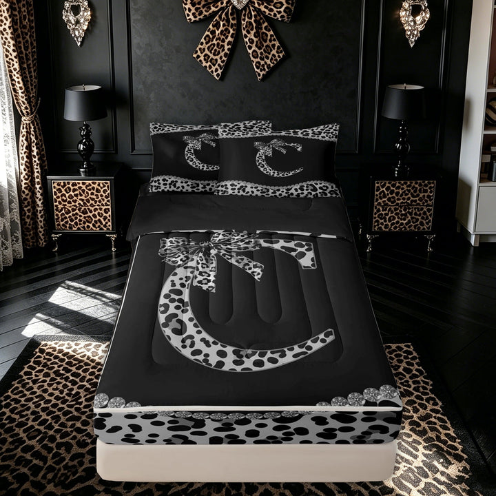 meiyoeat Chic Bling Leopard Print Bow Zipper Twin Comforter Sets with Fitted Sheet and 2 Pillowcases for Female Kids, Black White Bowknot C Letter Zipper Bedding Set, Black Reversible, 4 Pieces