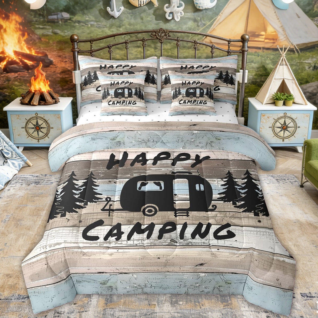 Erosebridal Camping Car Twin Bedding Sets, Wooden Lodge Cabin Bedding Comforter Set for Men and Women, 7-Piece
