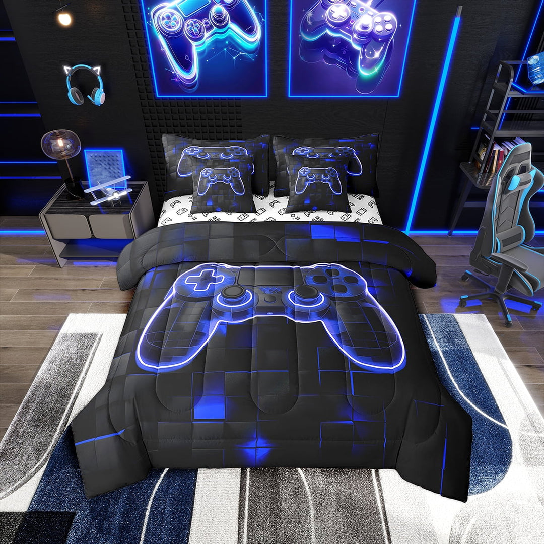 Erosebridal Gaming Comforter Teen Twin,Geometric Game Controller Bedding Set 7 Piece,Neon Reversible Bed Sets(1 Comforter,2 Pillowcases,1 Flat Sheet,1 Fitted Sheet,2 Throw Pillow Covers)
