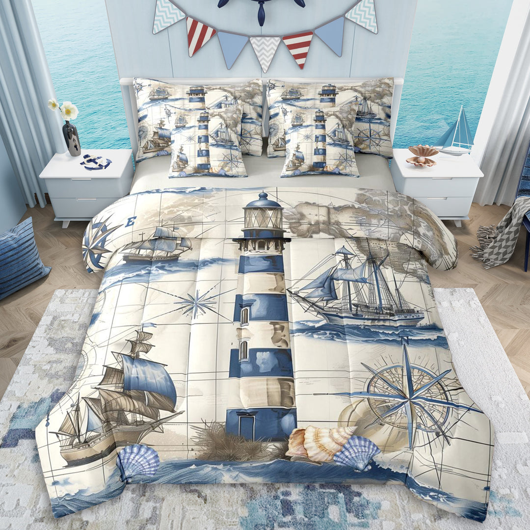 Erosebridal Teens Vintage Nautical Lighthouse Bedding Comforter Set 7pcs,Ocean Theme Compass Boat Queen Bedding Sets For Boys Girls,Grey Reversible,Super Cozy Room Decor