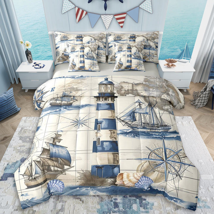 Erosebridal Teens Vintage Nautical Lighthouse Bedding Comforter Set 7pcs,Ocean Theme Compass Boat Queen Bedding Sets For Boys Girls,Grey Reversible,Super Cozy Room Decor