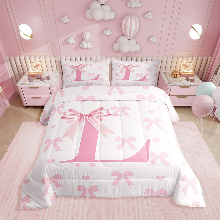 Pink Bow Comforter Set Twin Size,Princess Style Bowknot Love Hearts Girly Fairy Bedding Set Teens,Initial Letter L Chic Romantic Down Comforter,Kawaii Pink,2 Pcs 1 Pillowcase